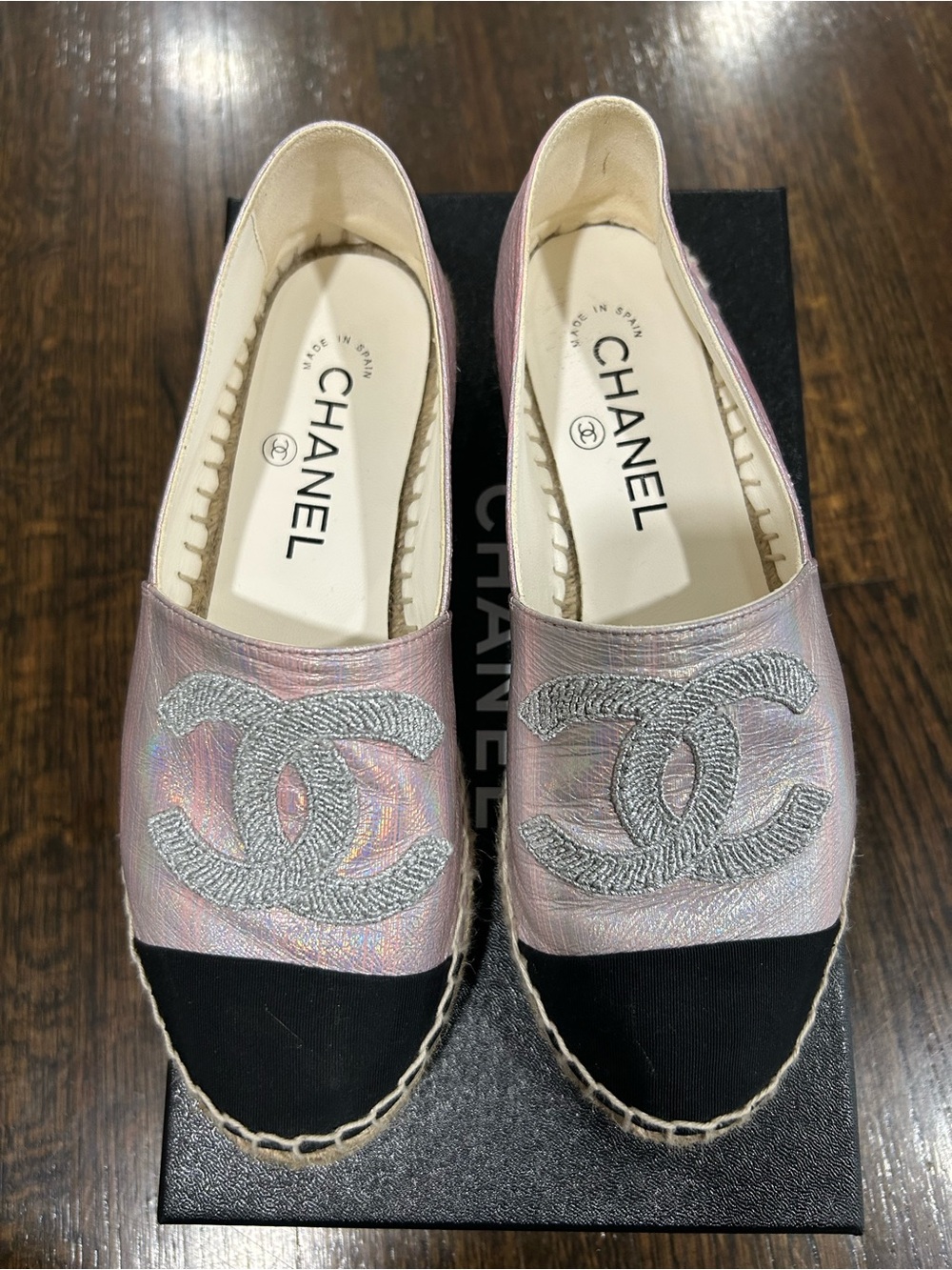CHANEL Iridescent Pink Espadrilles with Black Cap Toe